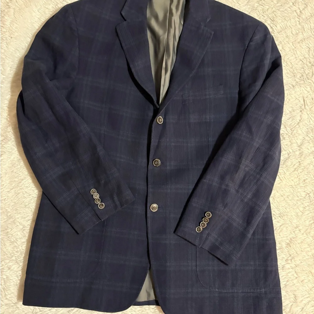 JOS A BANK Linen Men 44R Tailored Fit Blazer Sport Coat Jacket Blue Plaid